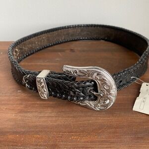 Leegin Womens 26 Dark Brown Leather Western Belt Floral Tooled Braided Edge USA